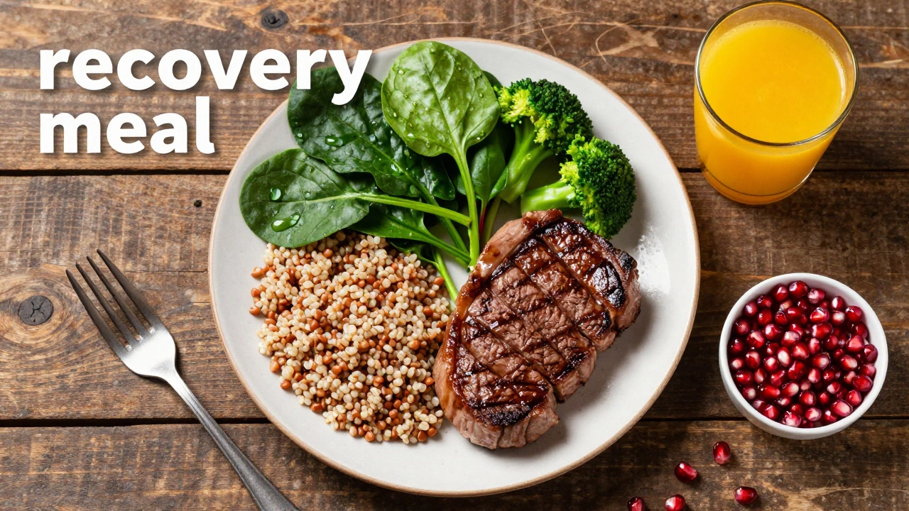 Полезный завтрак с говядиной, гречкой, шпинатом и апельсиновым соком