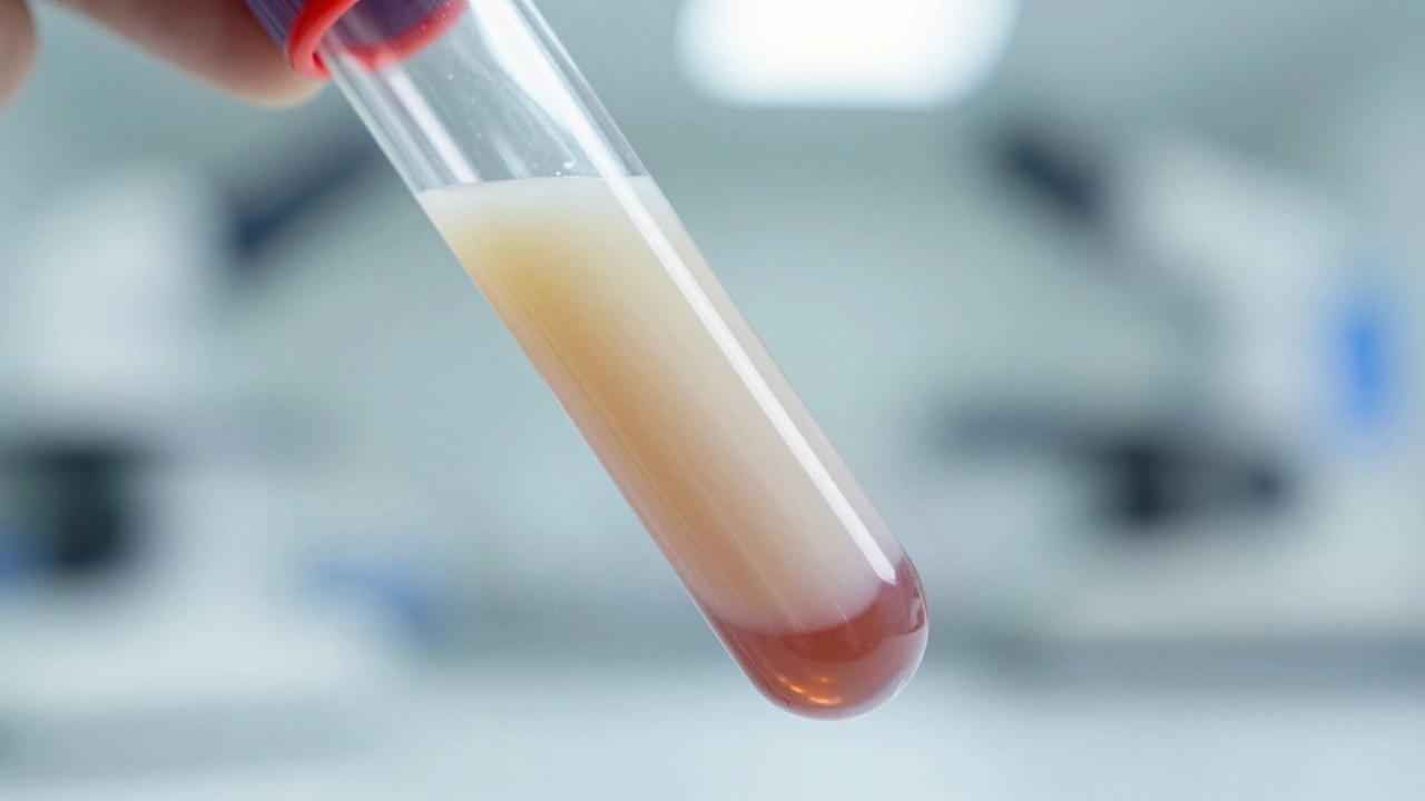 Пробирка с мутной сывороткой крови, демонстрирующая эффект хилеза после еды
