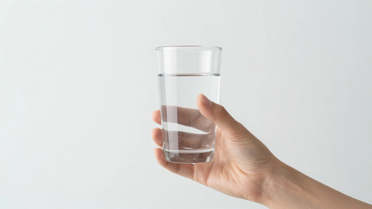 Руки человека со стаканом чистой воды на светлом фоне