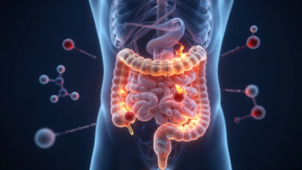 Схематичное изображение кишечника с зонами воспаления и молекулами белков