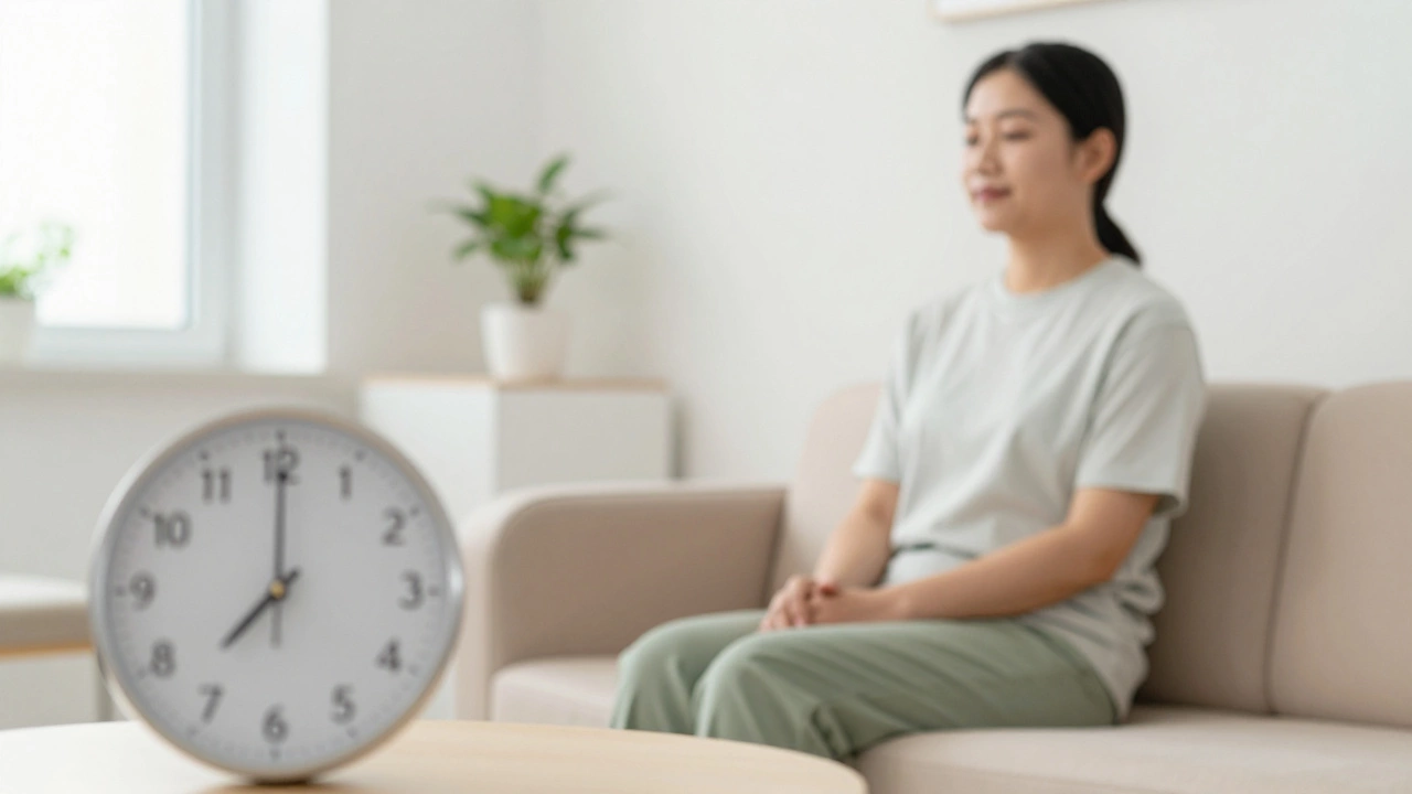 Спокойный человек в светлом холле современной клиники утром