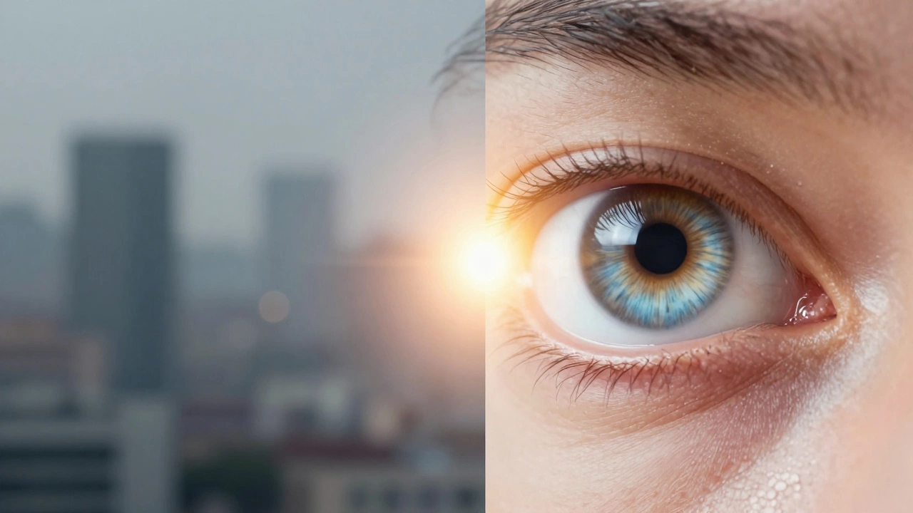 Сравнение размытого и четкого зрения через стилизованный человеческий глаз