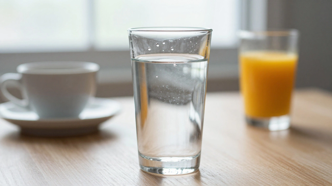 Стакан чистой воды на столе на фоне кофе и сока