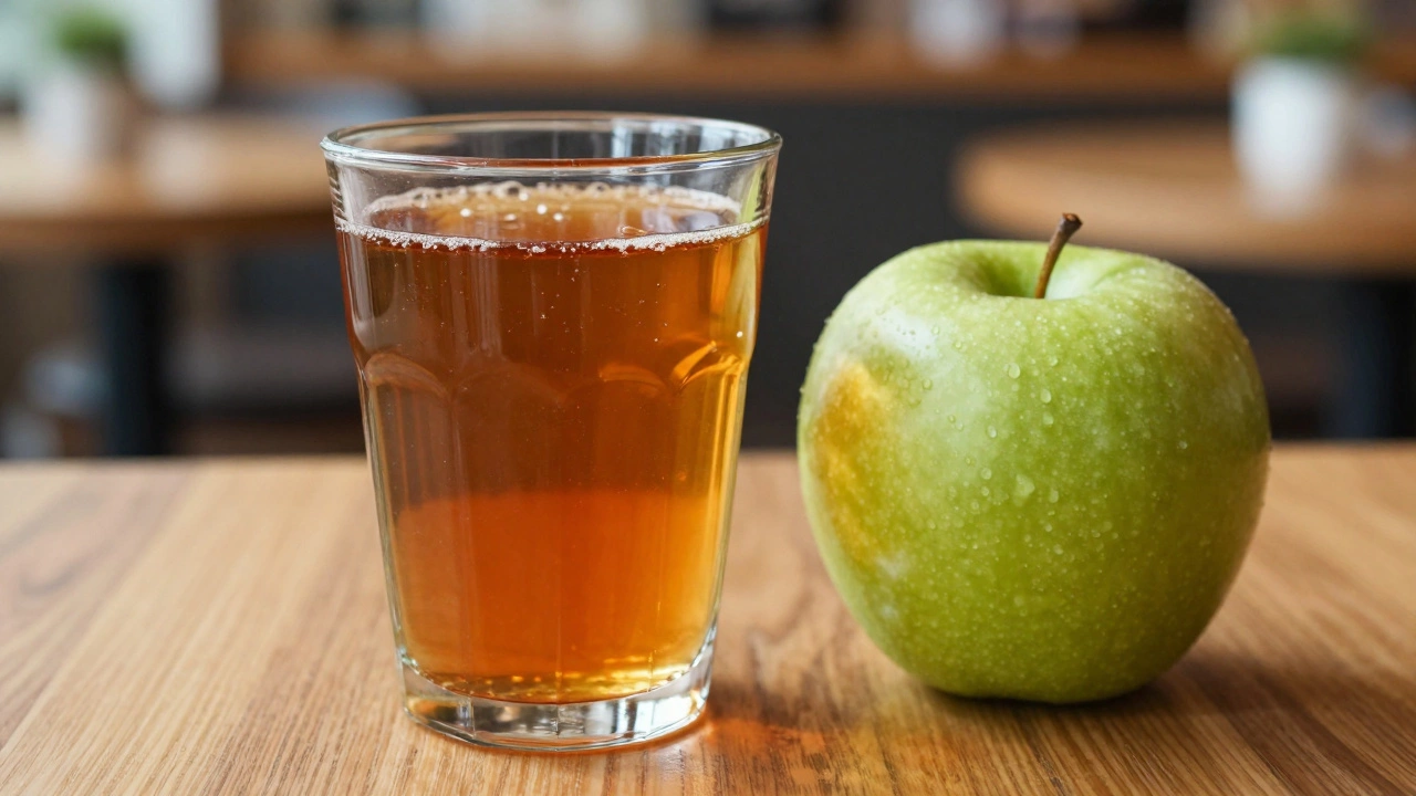 Стакан сладкого чая и зеленое яблоко как источник энергии после сдачи крови