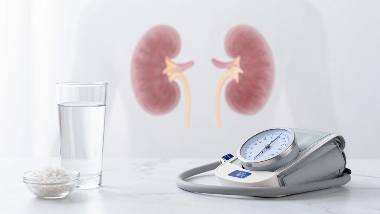 Тонометр с высоким давлением, стакан воды и соль на белом фоне