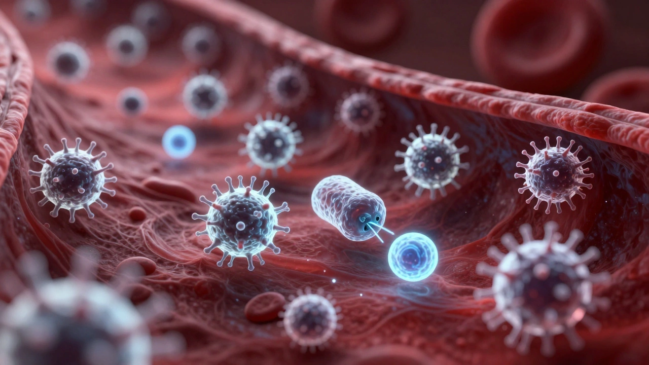 Трехмерная иллюстрация лейкоцитов, борющихся с бактериями и вирусами в сосуде