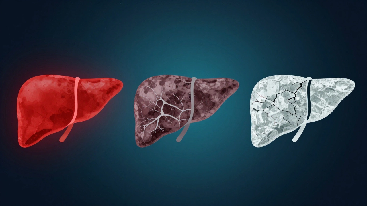 Визуальная шкала стадий фиброза печени от здорового органа до цирроза