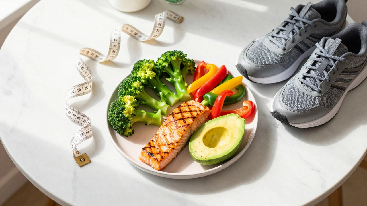 Здоровая еда с лососем и овощами рядом с кроссовками и измерительной лентой
