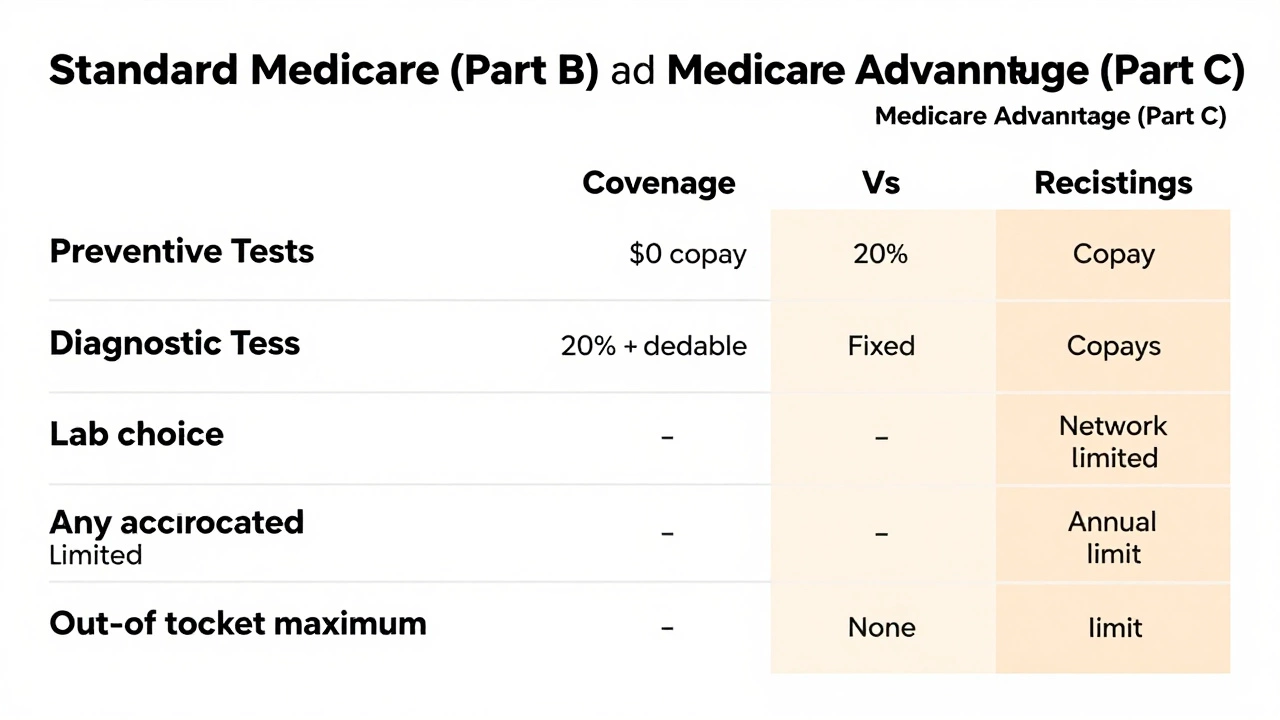Comparison table showing how Standard Medicare Part B and Medicare Advantage Part C differ in covering blood tests, highlighting aspects such as copayment structures, laboratory selection freedom, and out-of-pocket expense limits for patients.