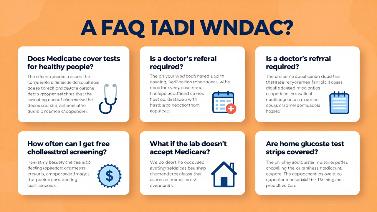 Educational graphic presenting frequently asked questions and answers about Medicare's blood test policies, clarifying eligibility for preventive screenings, the necessity of referrals, frequency limits for cholesterol checks, and coverage for home monitoring devices.