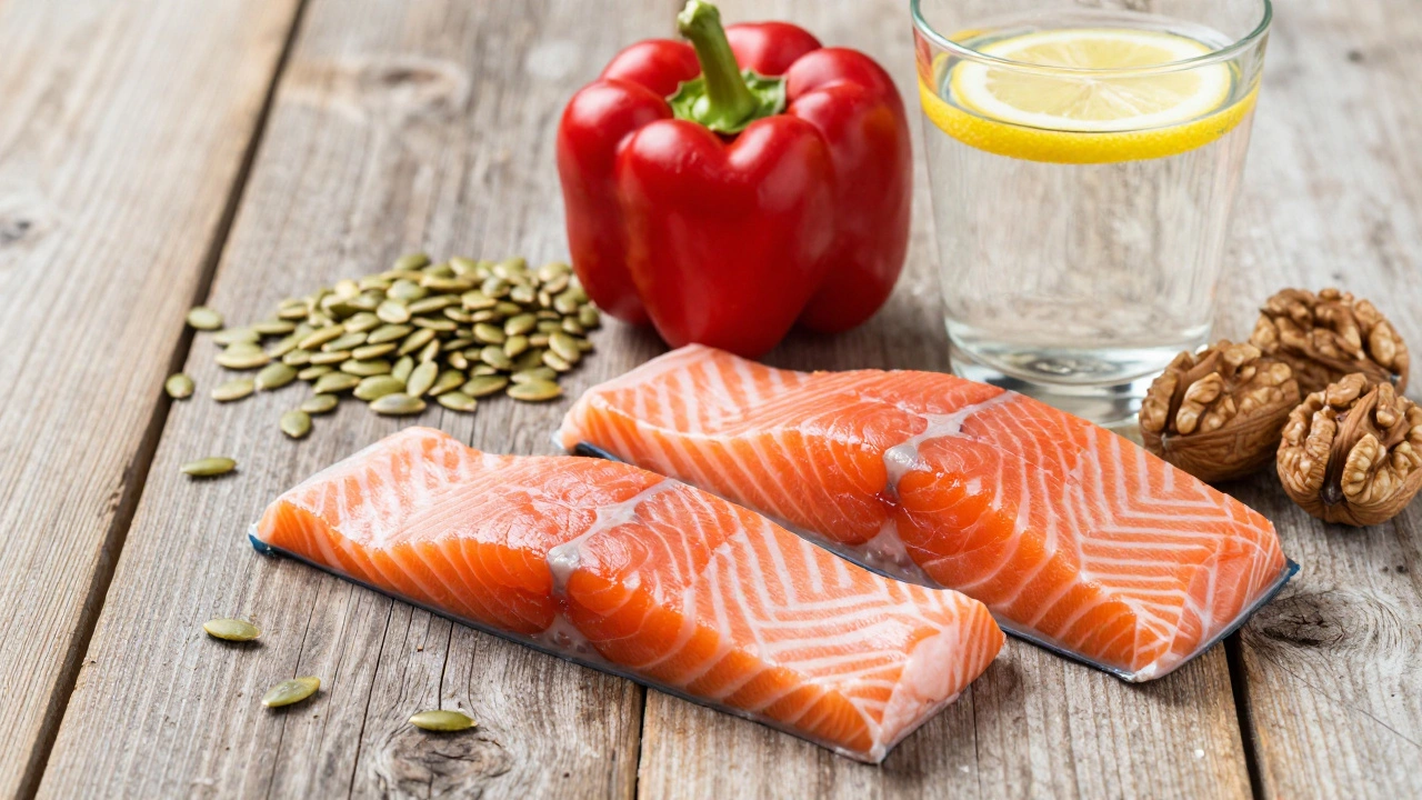 Продукты для заживления: рыба, перец, семена тыквы и орехи на столе