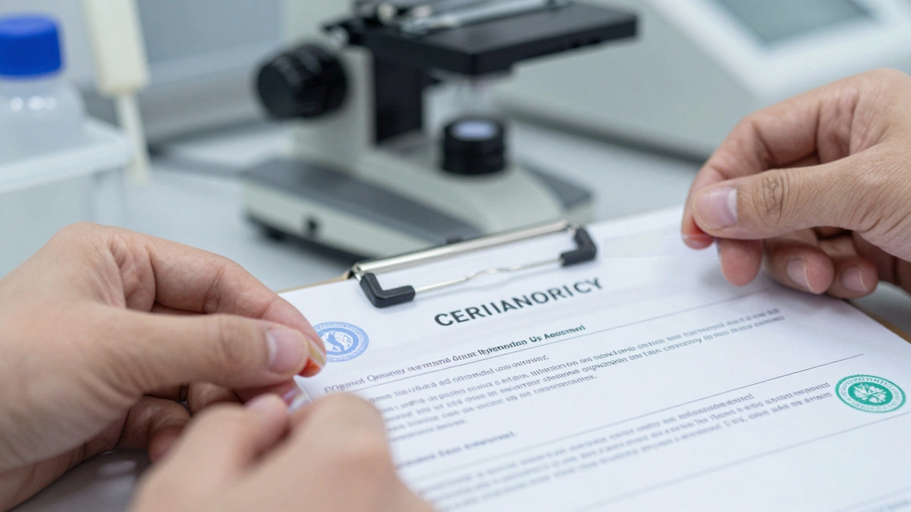 Ручи врача с медицинским отчетом и сертификатом аккредитации