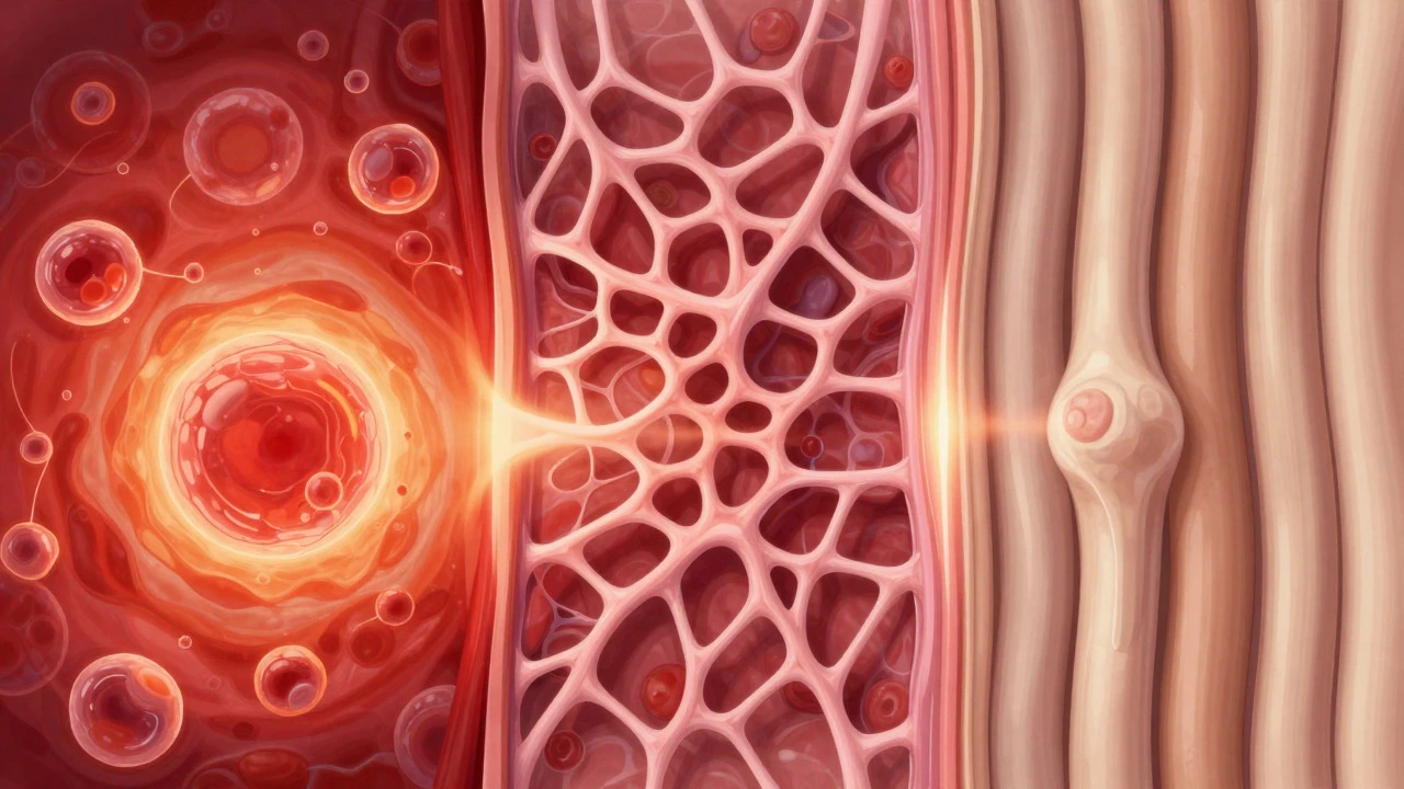 Abstract representation of tissue healing stages from inflammation to organized collagen structure