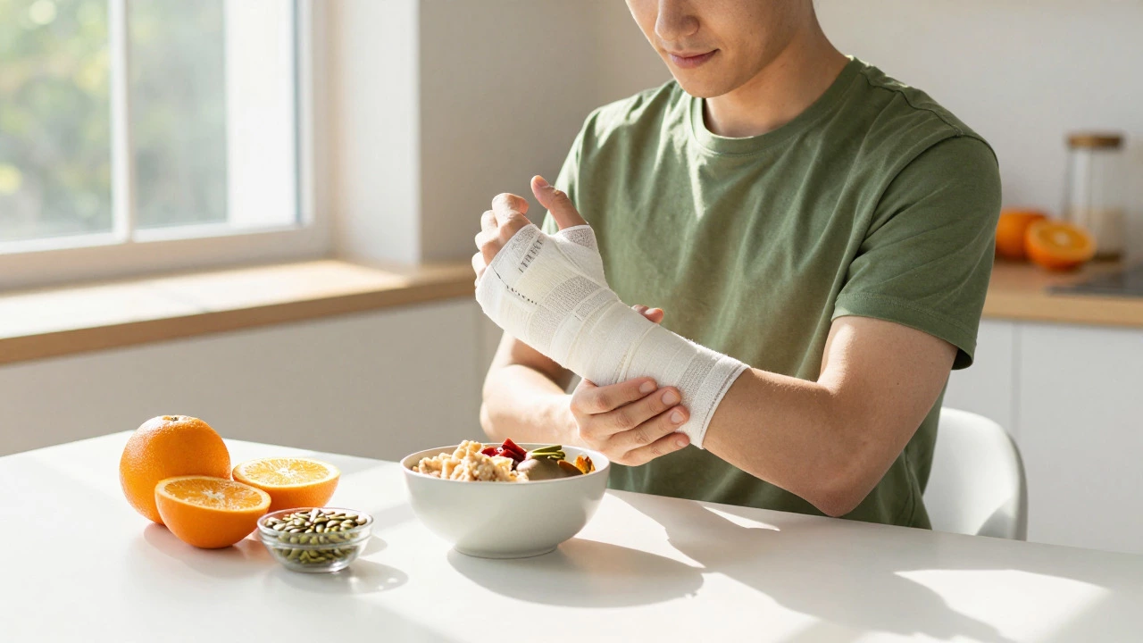 Person stretching injured wrist while eating healthy food rich in vitamins and protein