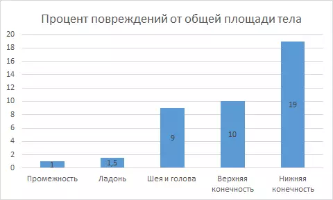 На гистограмме представлено, как приблизительно рассчитывается процент повреждений от общей площади кожной поверхности тела.